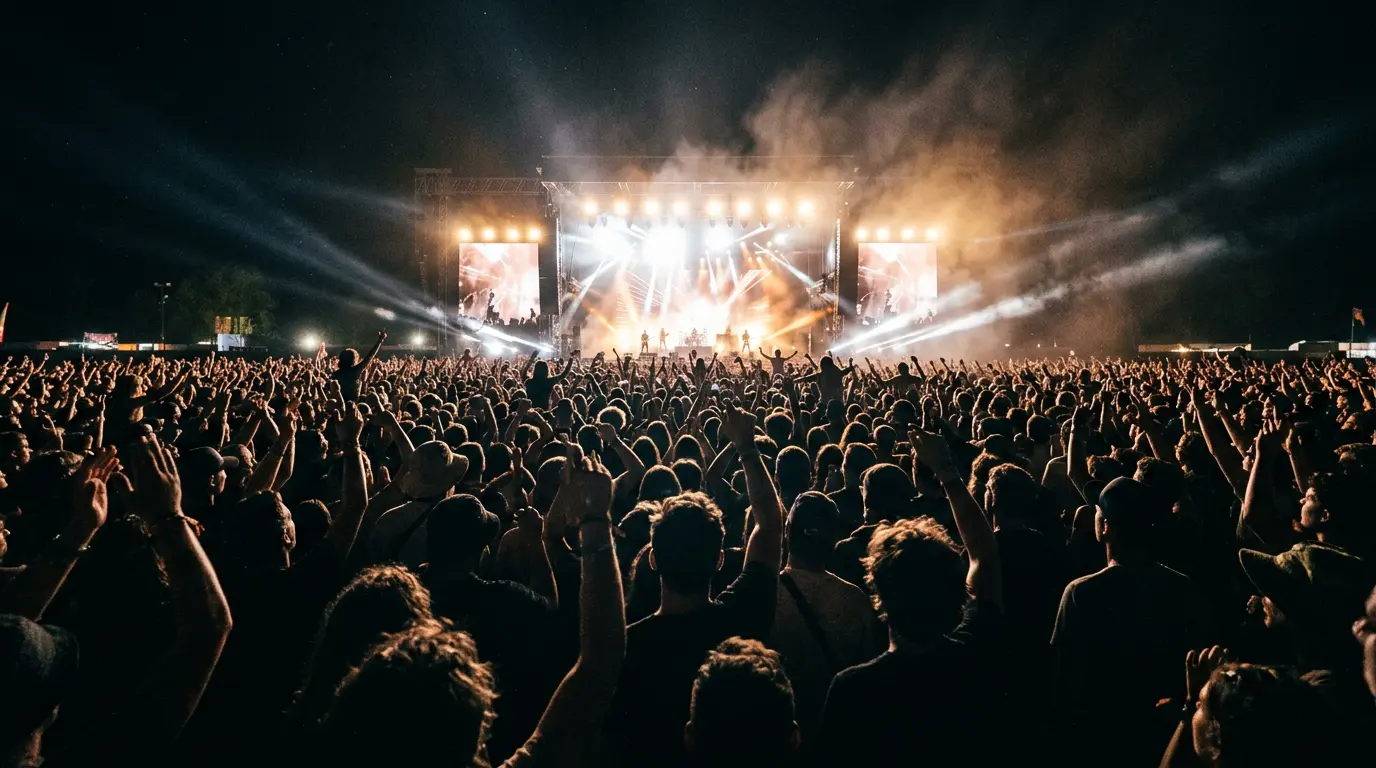 A live music crowd beneath the lights of a festival stage